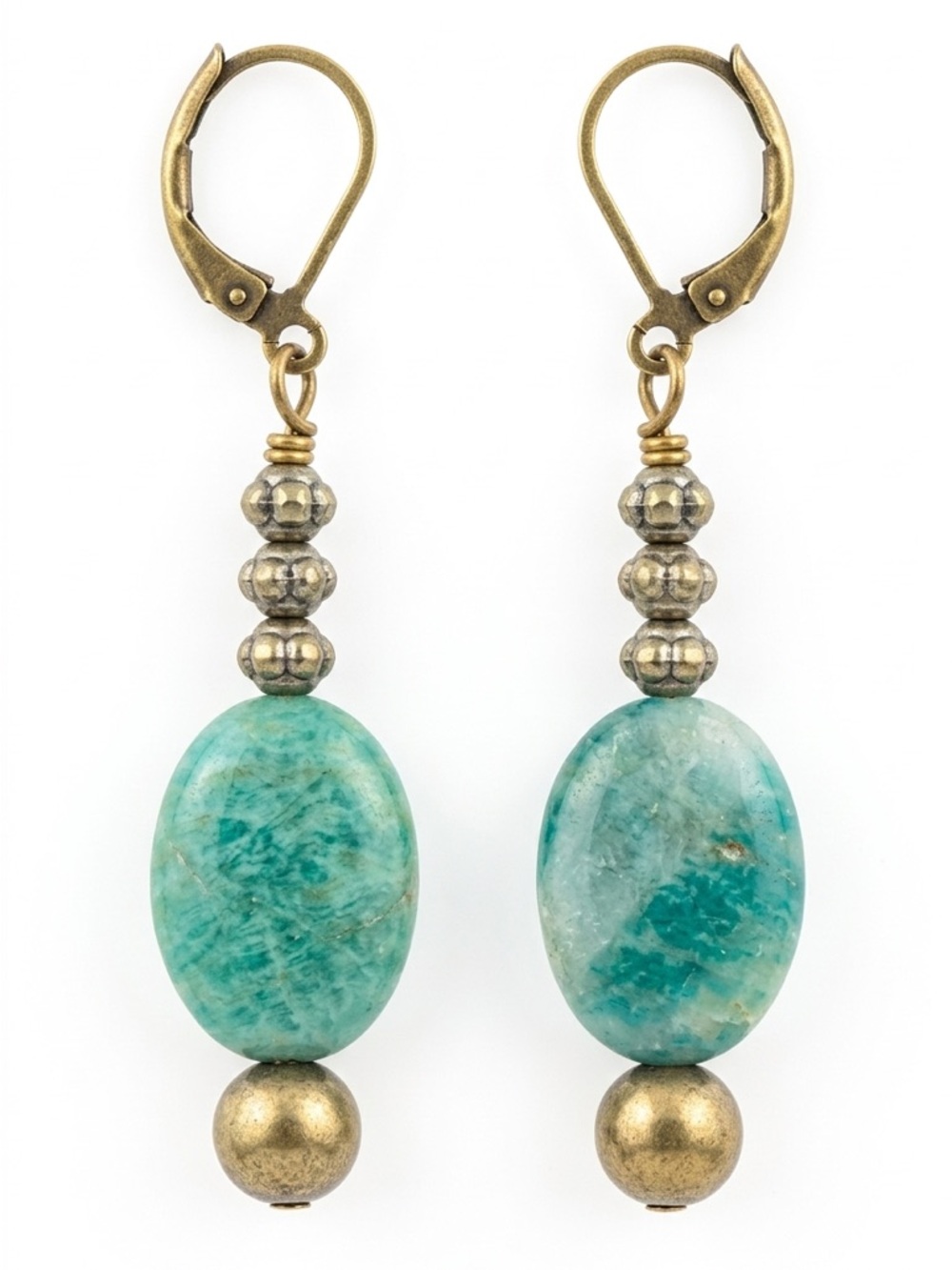 Amazonite Blue Green Stone Oval Dangle Earrings Antiqued Brass Boho Artisan Drop - Picture 2 of 3